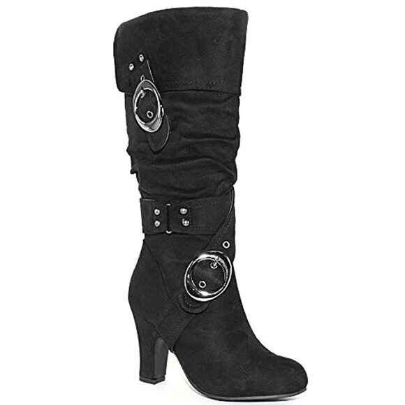 Metallic Studs Edgy Dual Buckles Slouch Knee High Suede Boot w/Silver Hardware - Picture 1 of 8